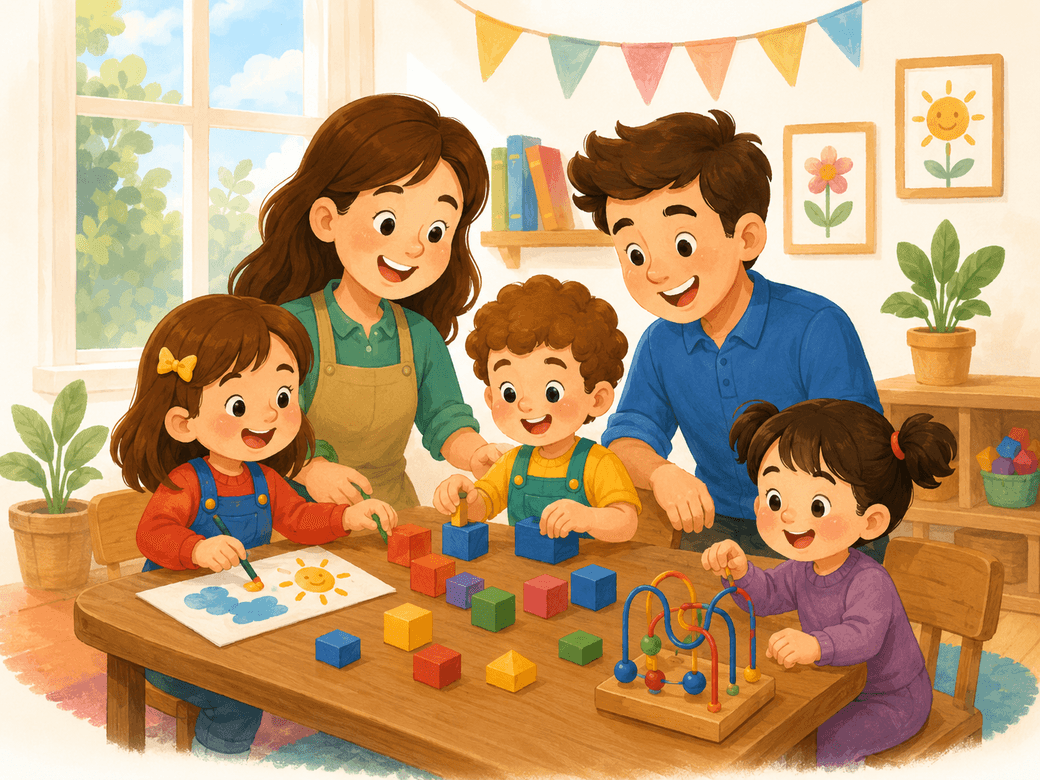 Educators and children together in a warm childcare classroom